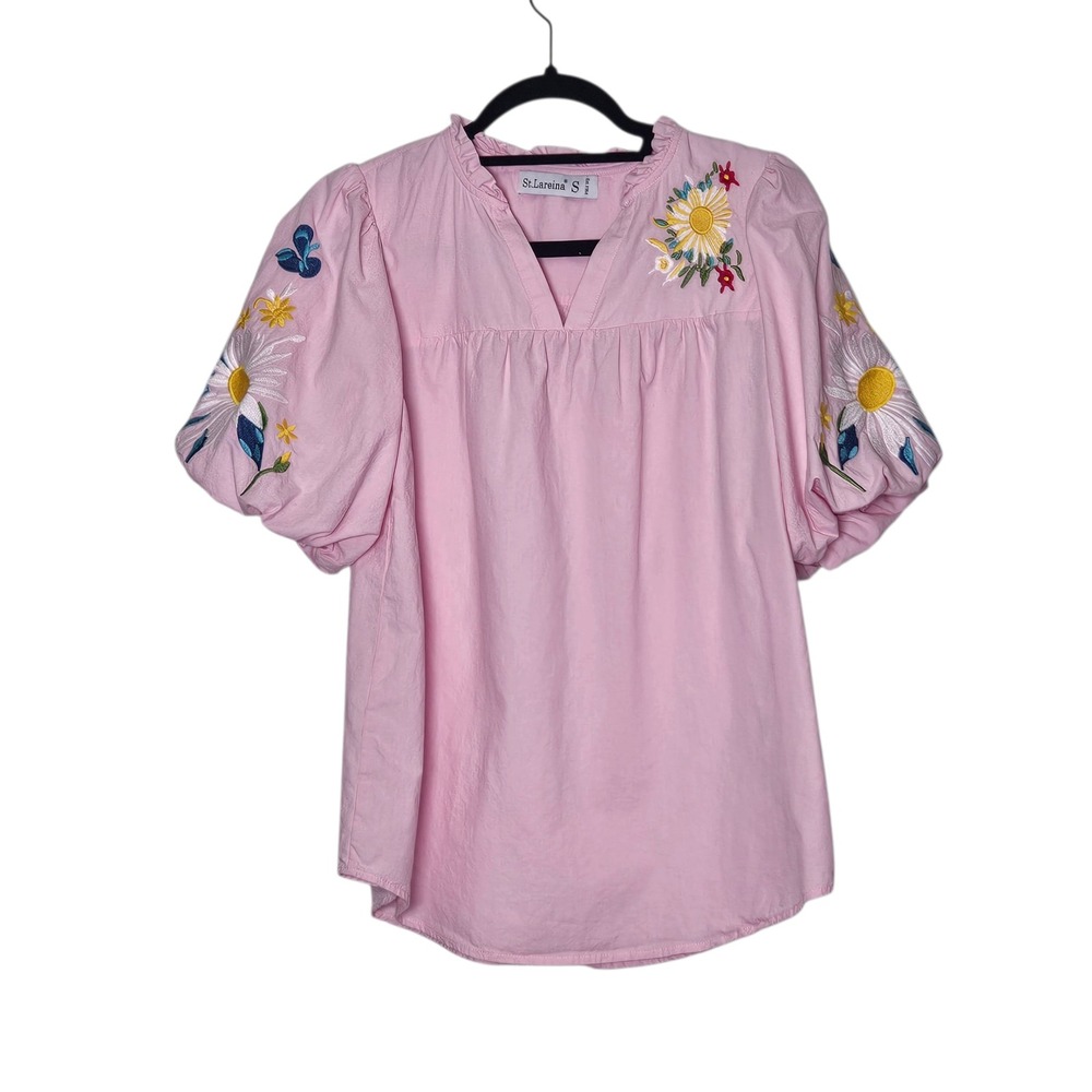 St.Lareina Pink Embroidered Floral Puff‎ Sleeve Top Ruffle Neckline Blouse Small